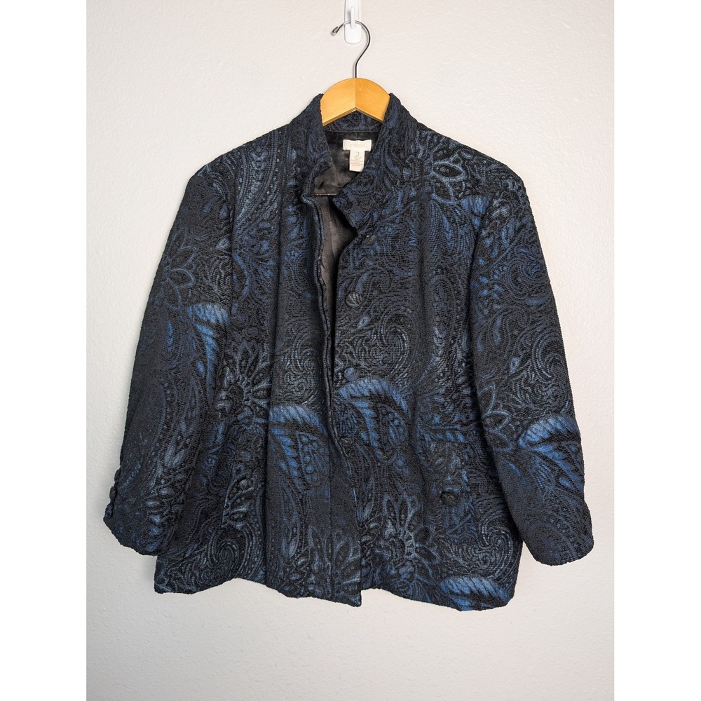 Chico's Jacket Womens 3 Black Paisley Collared Lined Button Short Relaxed Fit
